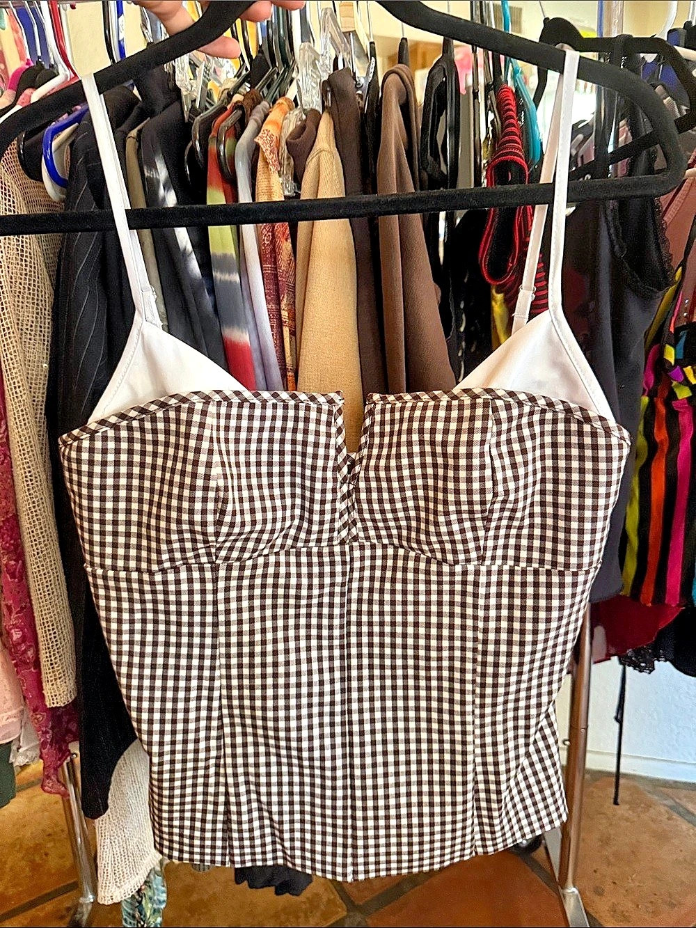 Zara Gingham Check Stretch Top Camisole Brown & White Large